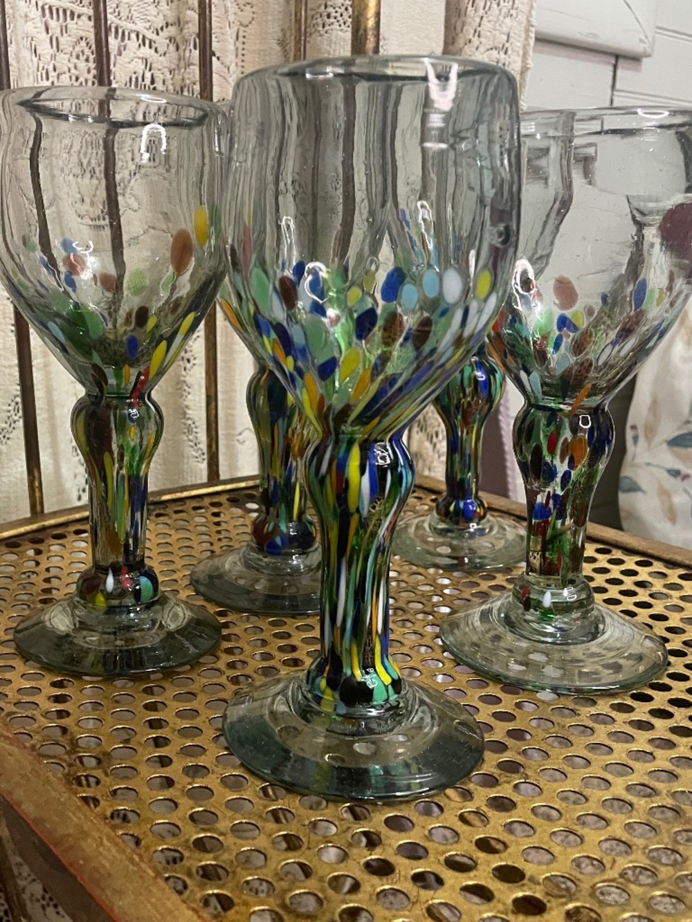 artisan-crafted Mexican hand-blown recycled glass wine goblets SET of 5